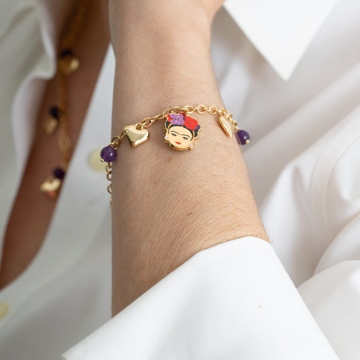 Bracciale dorato Frida Kahlo, con charms