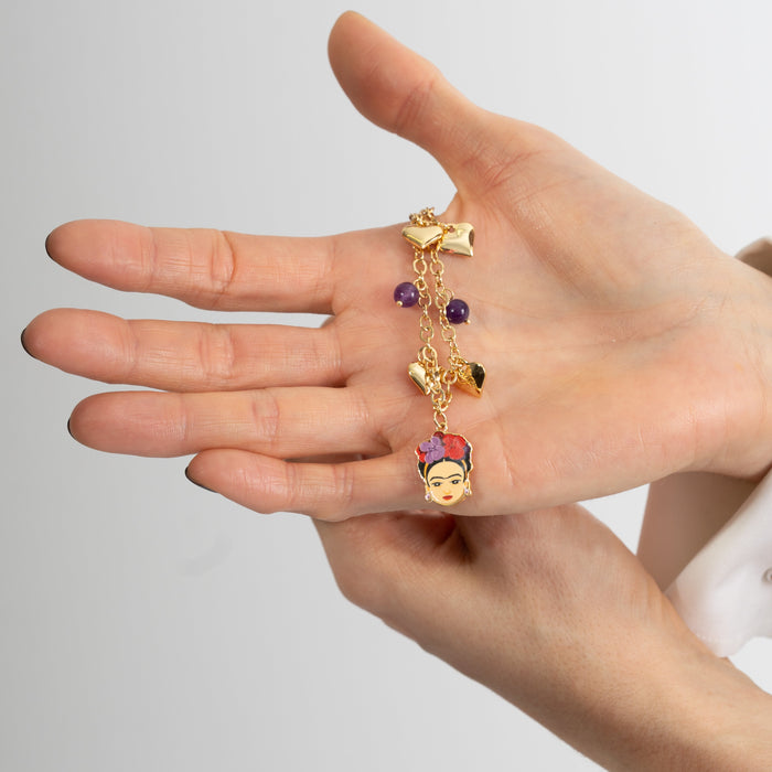 Collana dorata Frida Kahlo, con charms