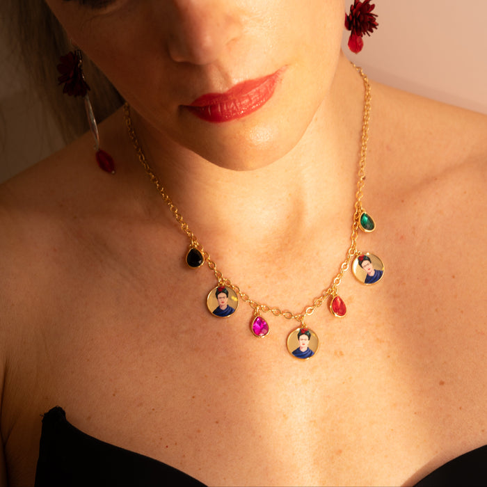 Collana dorata Frida Kahlo, con medagliette
