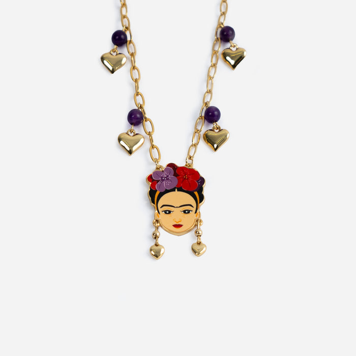 Collana dorata Frida Kahlo, con charms