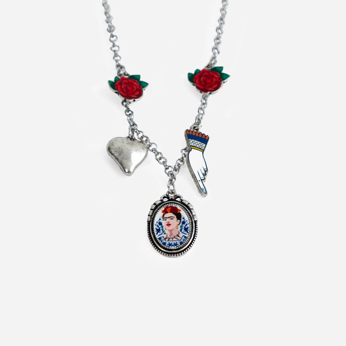 Collana argentata Frida Kahlo, con charms