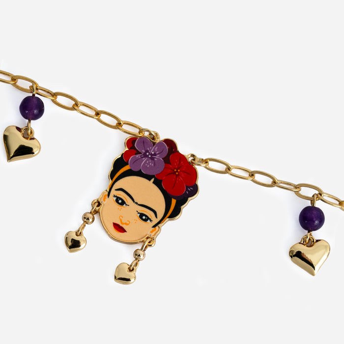 Collana dorata Frida Kahlo, con charms