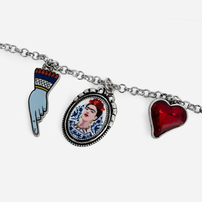 Collana argentata Frida Kahlo, con charms